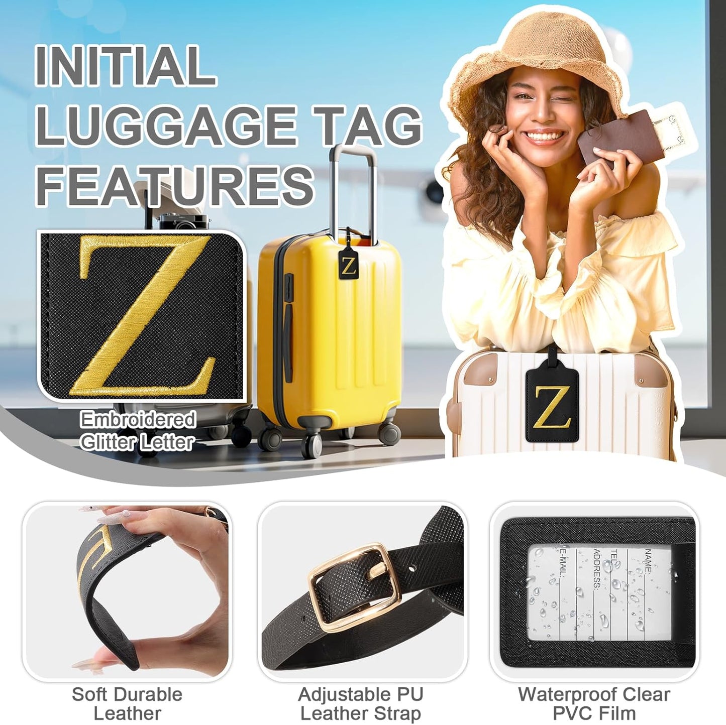 Personalized Initial Luggage Tags for Suitcase TSA Approved, Black Leather Cute Luggage Tag with Privacy Cover Name Card, Embroidered Custom Luggage Tags Travel Backpack Tags Gifts for Women Kids(Z)