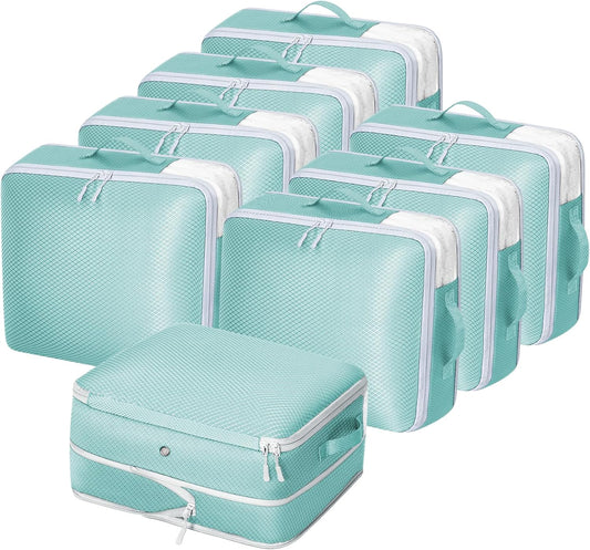 DIMJ Clothes Storage Bag 8 Pack, 19L Compression Storage Bags for Blanket, Sweater, Jacket, Closet, Sheet Storage Organizer with Window Handle, Space Saver Storage Bags with Zipper, Blue