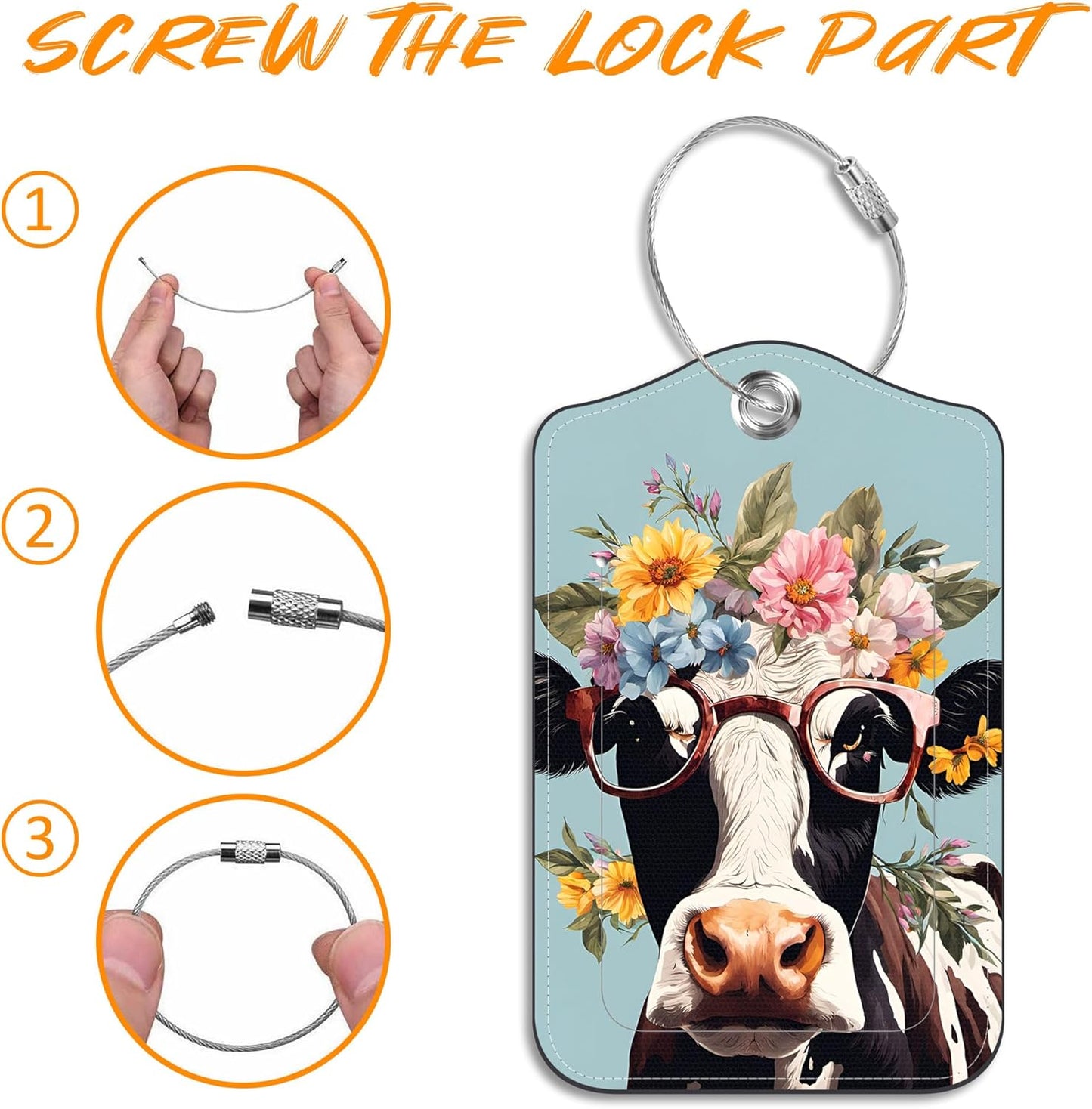 2 Pack Luggage Tag for Suitcase Cool Cow in Sunglasses Leather Travel Cruise Luggage Tag with Stainless Steel Loop Name ID Label Privacy Cover for Adults Teens Travel Bag Labels Set