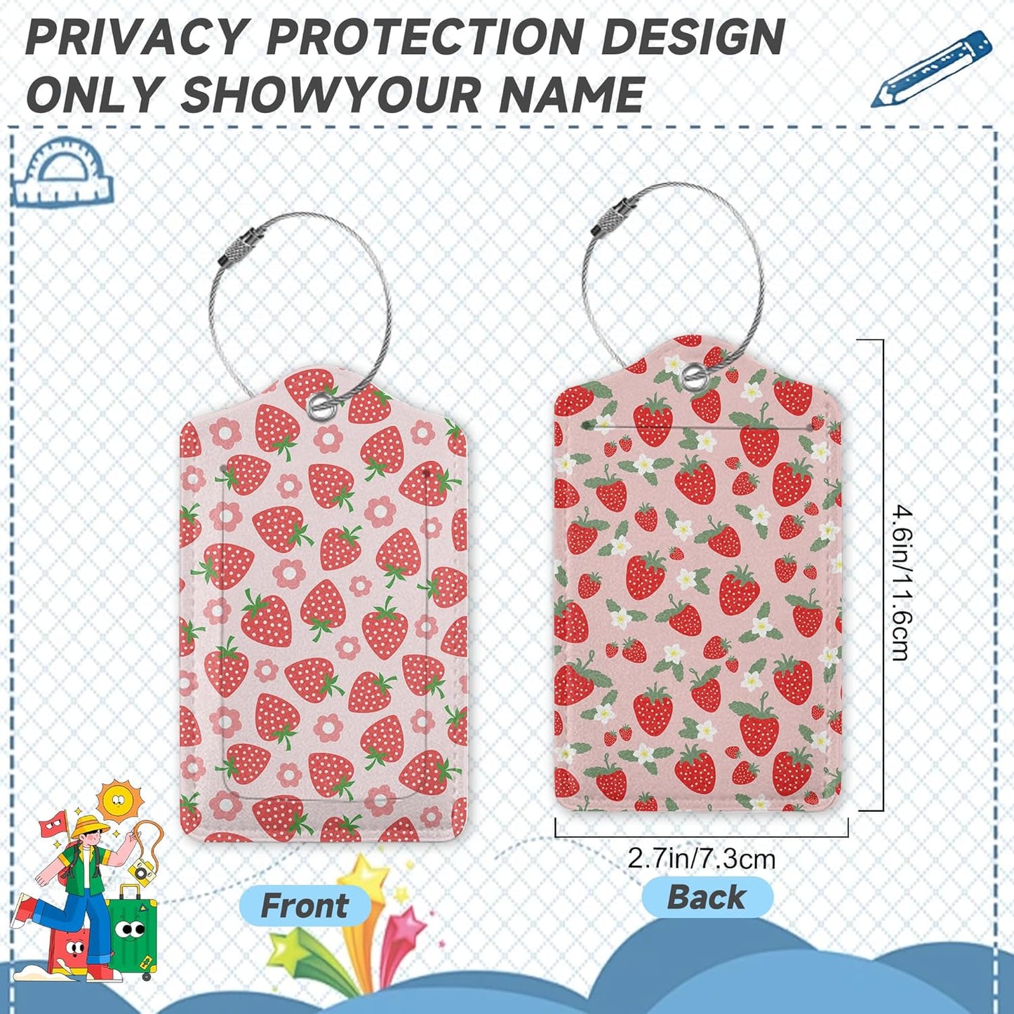 2 Pack Luggage Tag for Suitcase,Retro Strawberry Leather Suitcase Tags Identifiers with Privacy Name Address Labels and Durable Steel Loop for Women Men Travel