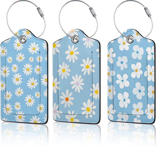 3 PCS Vintage Groovy Flowers Luggage Tags,Suitcase Tags Privacy Cover ID Label with Stainless Steel Loop and Address Card for Travel Bag Suitcase