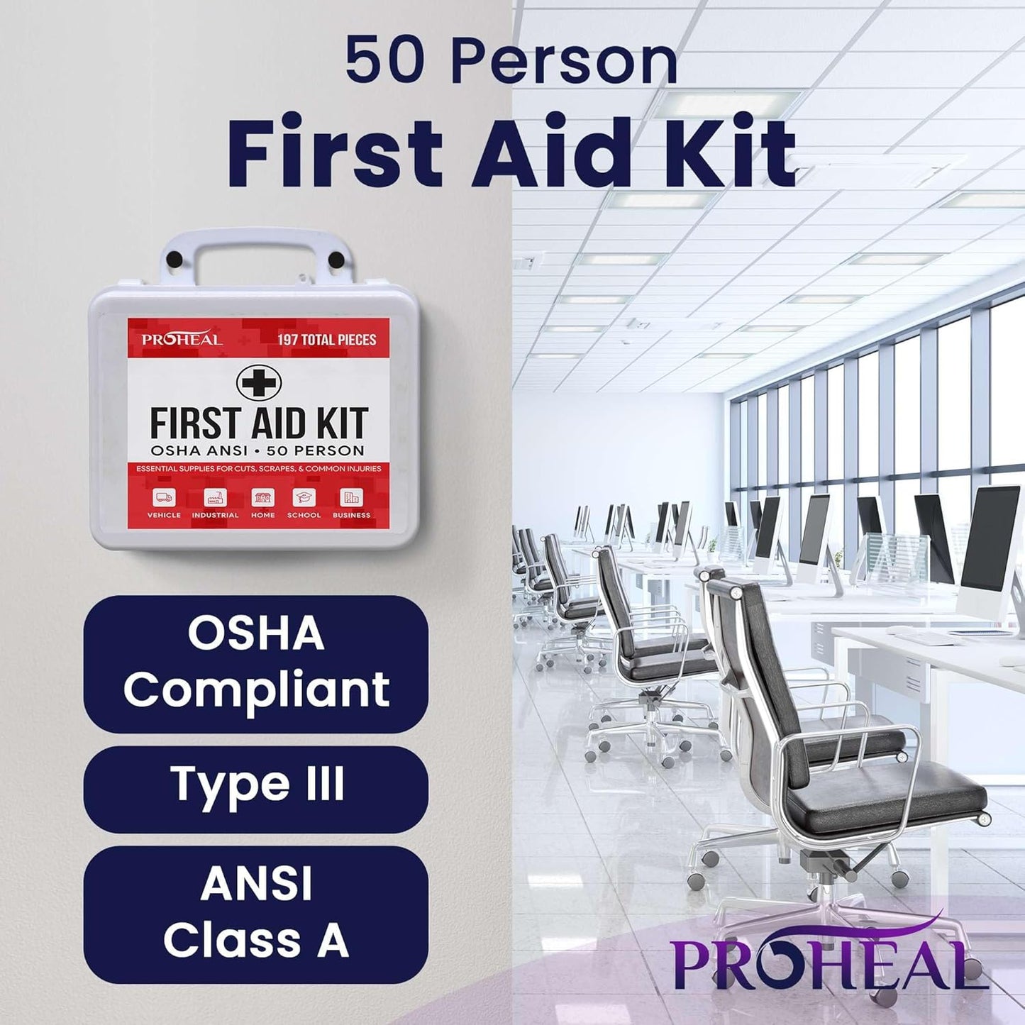 50 Person OSHA Compliant First Aid Kit for Businesses, Vehicles, Trucks, Construction Site - Type III, ANSI Class A Emergency Kit - 197 Piece Essential First Aid Supplies