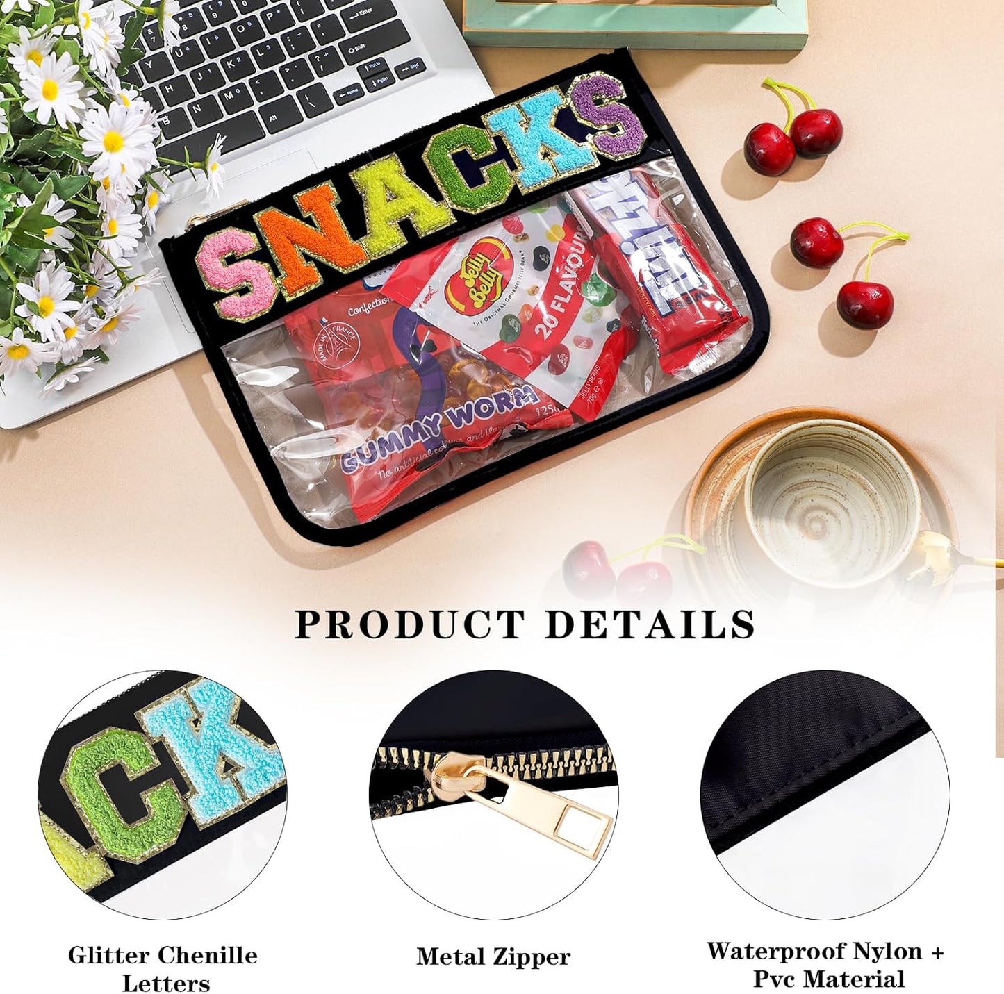 DYSHAYEN Chenille Letter Clear Zipper Pouch for Travel,Nylon Clear Cosmetic Bag,Makeup Travel Bag for Women Girls 11.8 Inches x 8.2 Inches