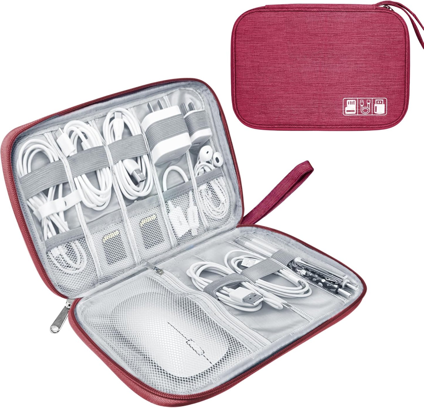 Electronics Travel Organizer,Portable Waterproof Electronic Travel Storage Bag for Small Charging Cord Storage,Charger,Small Electronics,SD Card etc,for Travel,Business -Wine Red