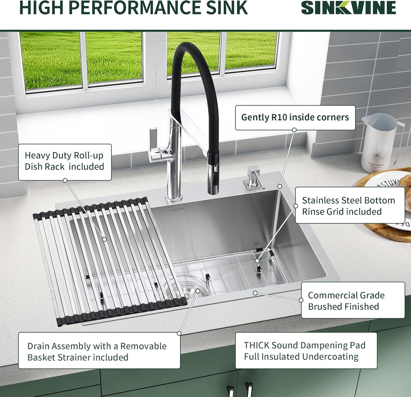 25-Inch Drop-In Kitchen Sink, SINKVINE 25" x 18" Stainless Steel Indoor and Outdoor Sink, Top Mount Large Deep Single Bowl Sink for Laundry Room, with Drain Strainer, Bottom Grid, Roll-up Drying Unit