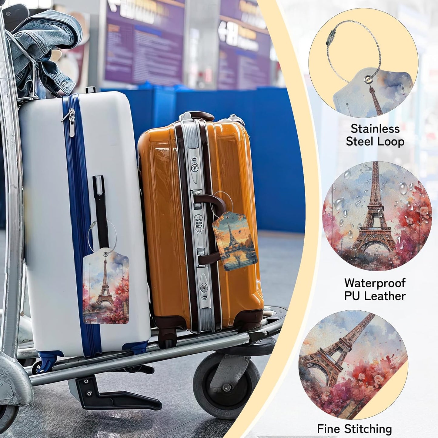 3 Pack Eiffel Tower Luggage Tags for Suitcases, Paris Cute Leather Name Tag with Privacy Cover with Stainless Steel Loops, Travel ID Bag Tags for Women Men