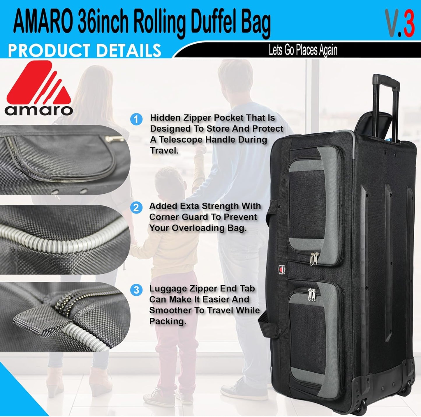 33" Rolling Duffle Bag with Wheels and Handle - Multiple Compartments/Compression Straps With Buckles Balck/Gray trim Large