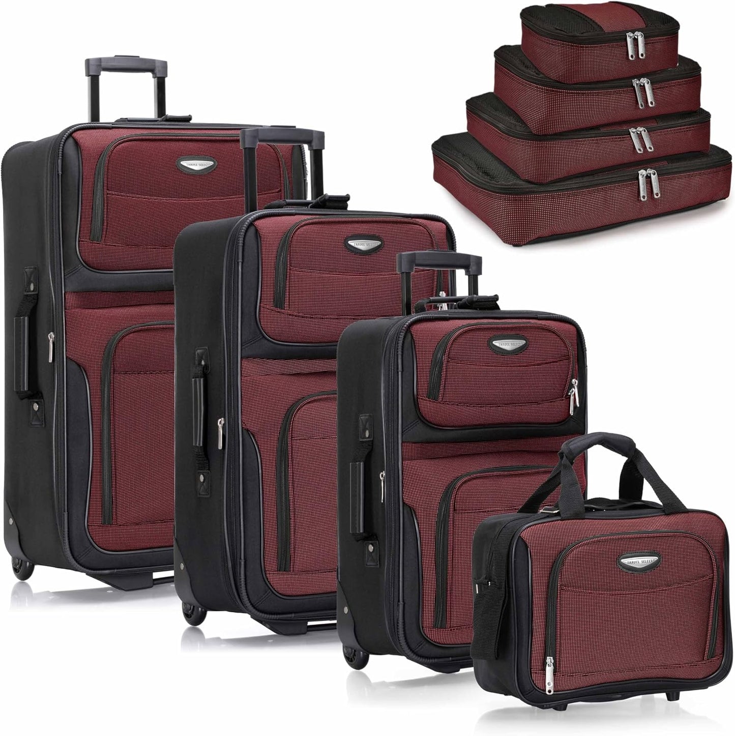 Travel Select Amsterdam 8-Piece Softside Expandable Luggage Set, Lightweight 2-Wheel Suitcases with Packing Cubes & Travel Tote, Durable Polyester Construction, Burgundy