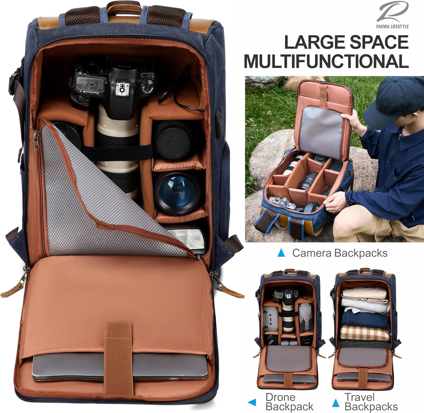 Padwa Lifestyle Blue Camera Backpack - Waxed Memory Canvas Camera Bag, Multi DSLR SLR Large Camera Backpacks for Photographers with 16” Laptop & Lens Compartment and Tripod Holder & Weather Resistant