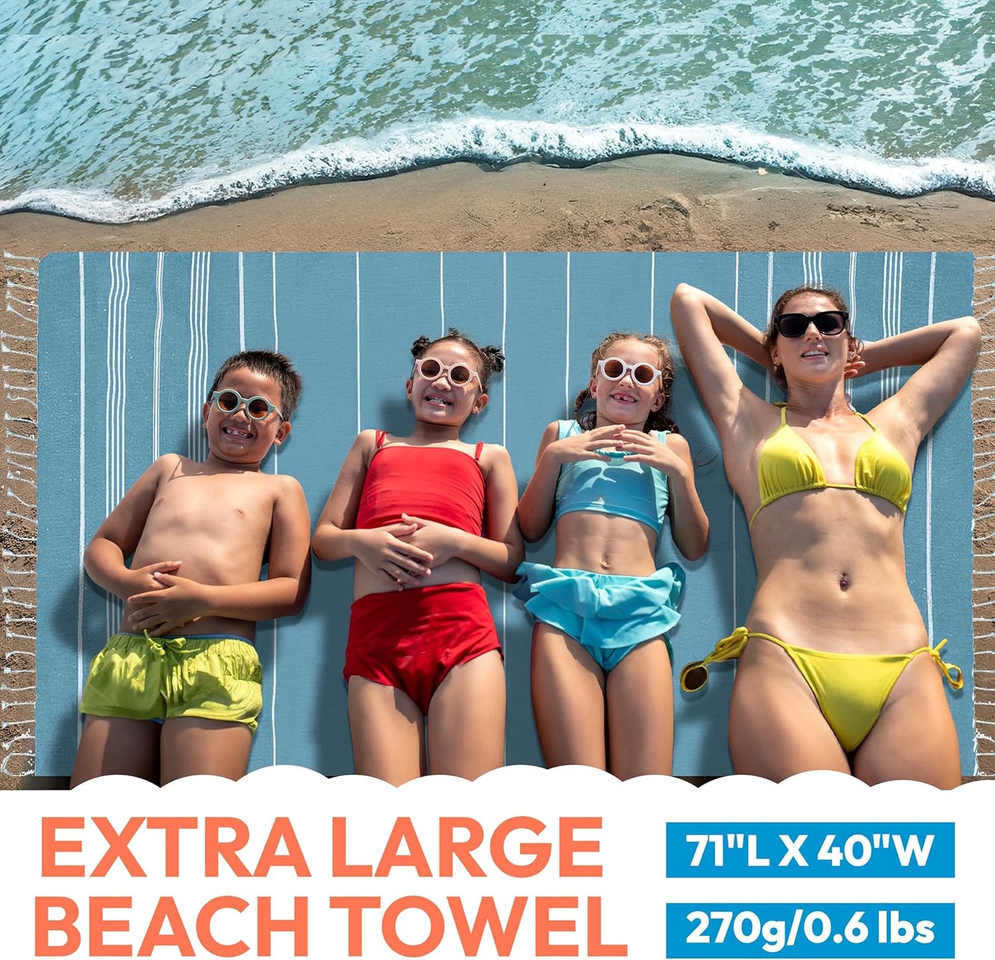 Turkish Beach Towel - 40x71 inch Oversized Sand Resistant Prewashed Turkish Towel - 100% Turkish Cotton Quick Drying, Compact, Lightweight Turkish Towel for Beach, Bath, Pool, Gym, Yoga