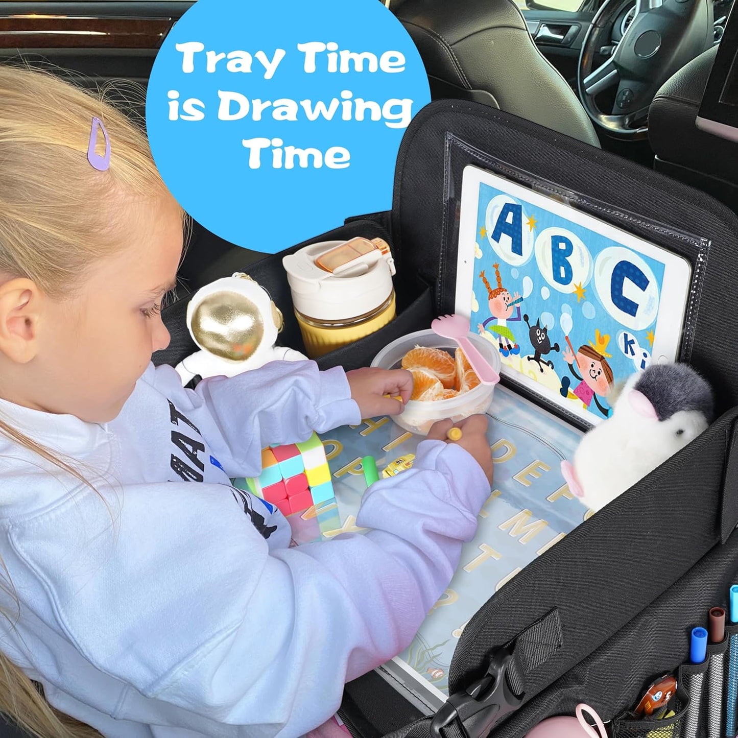 MENZOKE Kids Travel Tray, Travel Tray for Kids Car Seat with Educational Drawing Board, Tablet Holder & Cooler Cup Holder, Portable Road Trip Essentials Child's Gifts for Car Trip, Airplane, Black