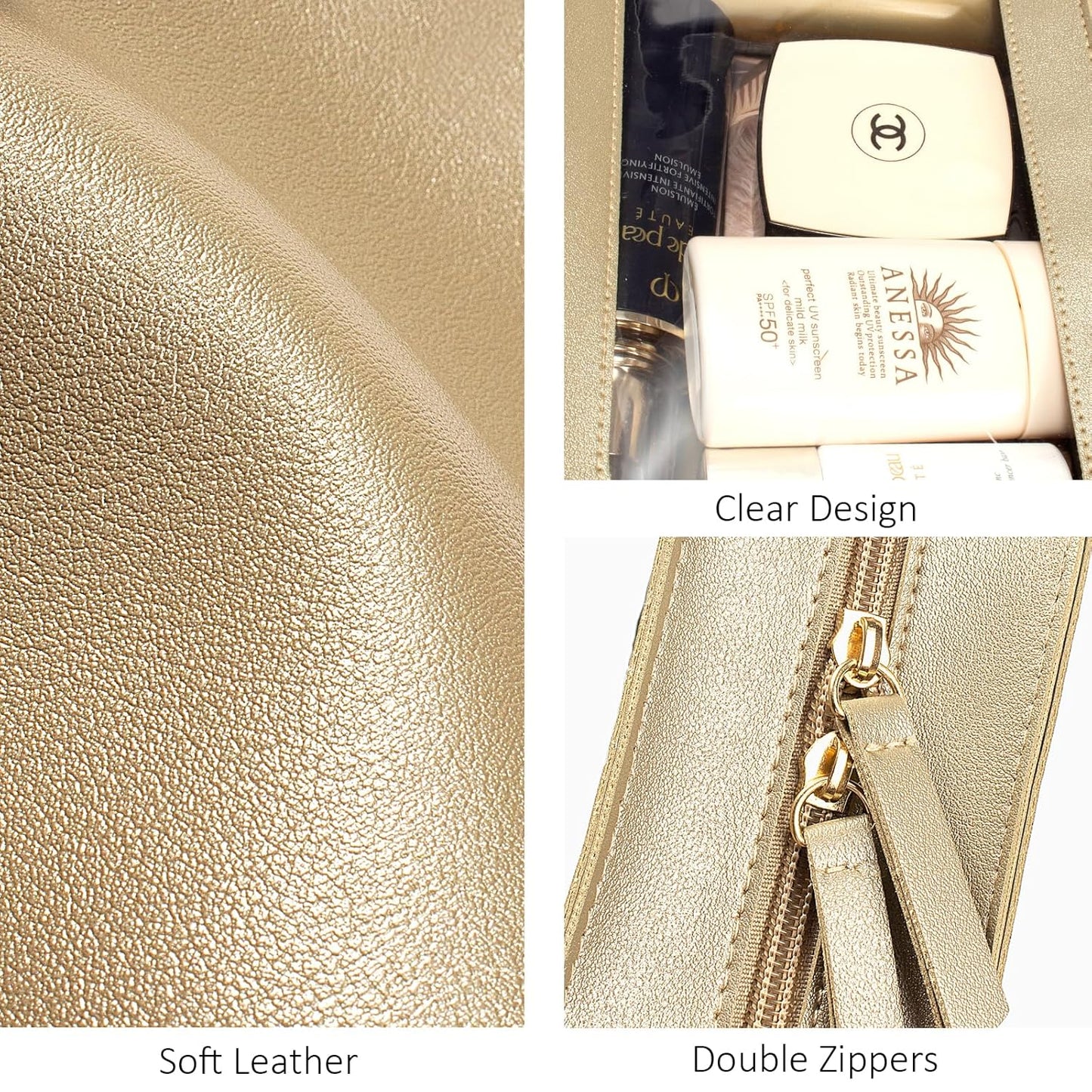 LETGO Clear Makeup Bags, TSA Approved Toiletry Bag with Zipper, Clear Makeup Organizer Fit Carry-on Travel Essentials,Clear Cosmetic Bags for Women Men (C-Gold)