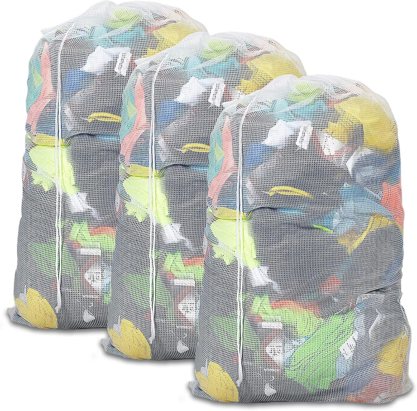 Laundry Bags, Mesh Heavy Duty 24" x 36" with Drawstring Closure, 3-Pack, White