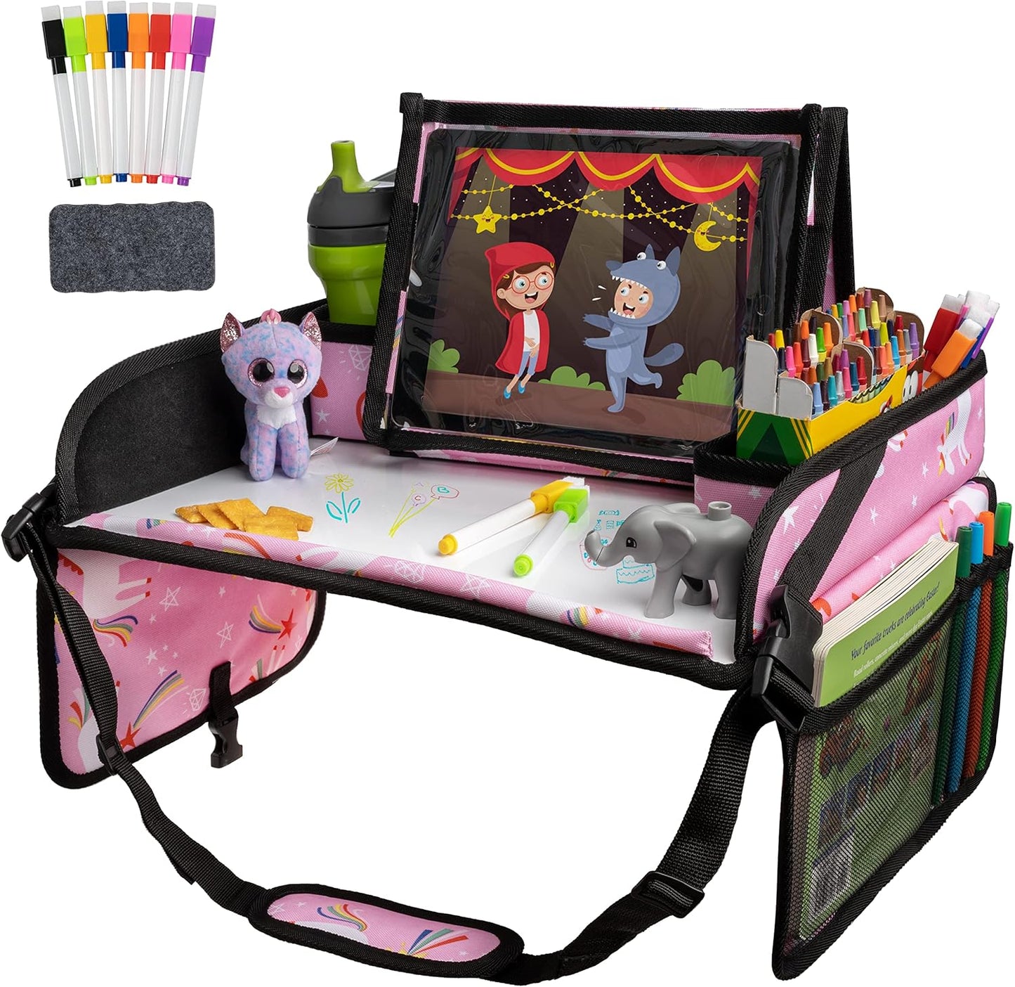 Lusso Gear Car Seat Travel Tray for Toddlers - Pink Unicorn, 600D Oxford Cloth - Dry Erase Activity Table & Tablet Holder - Airplane Tray Table Cover for Kids & Road Trip Essential