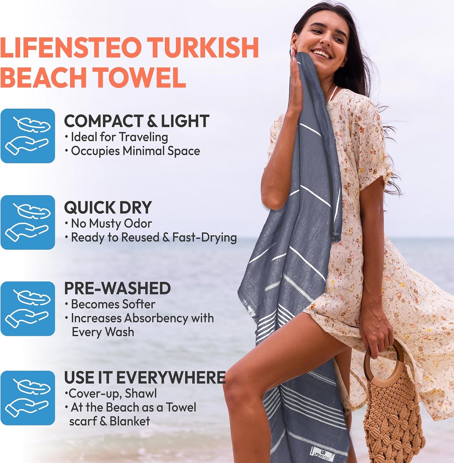 Oversized Sand Resistant Prewashed Turkish Cotton Quick Drying, Compact, Lightweight Beach, Bath, Pool, Gym, Yoga Towel - 40x71