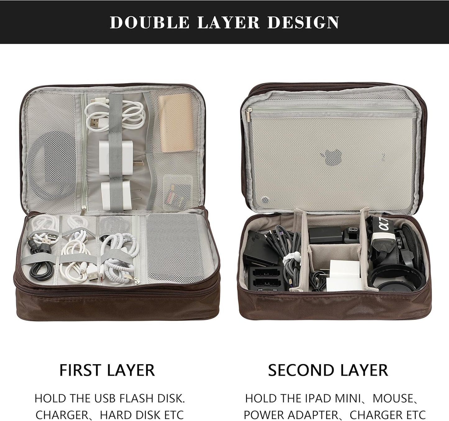 Electronics Accessories Organizer Bag, Waterproof Double LayerTravel Cable Organizer Case for Cords, Charger, Power Bank,Hard Drive, Mouse -Shockproof Tech Storage Pouch (Classic-two layers-Brown)