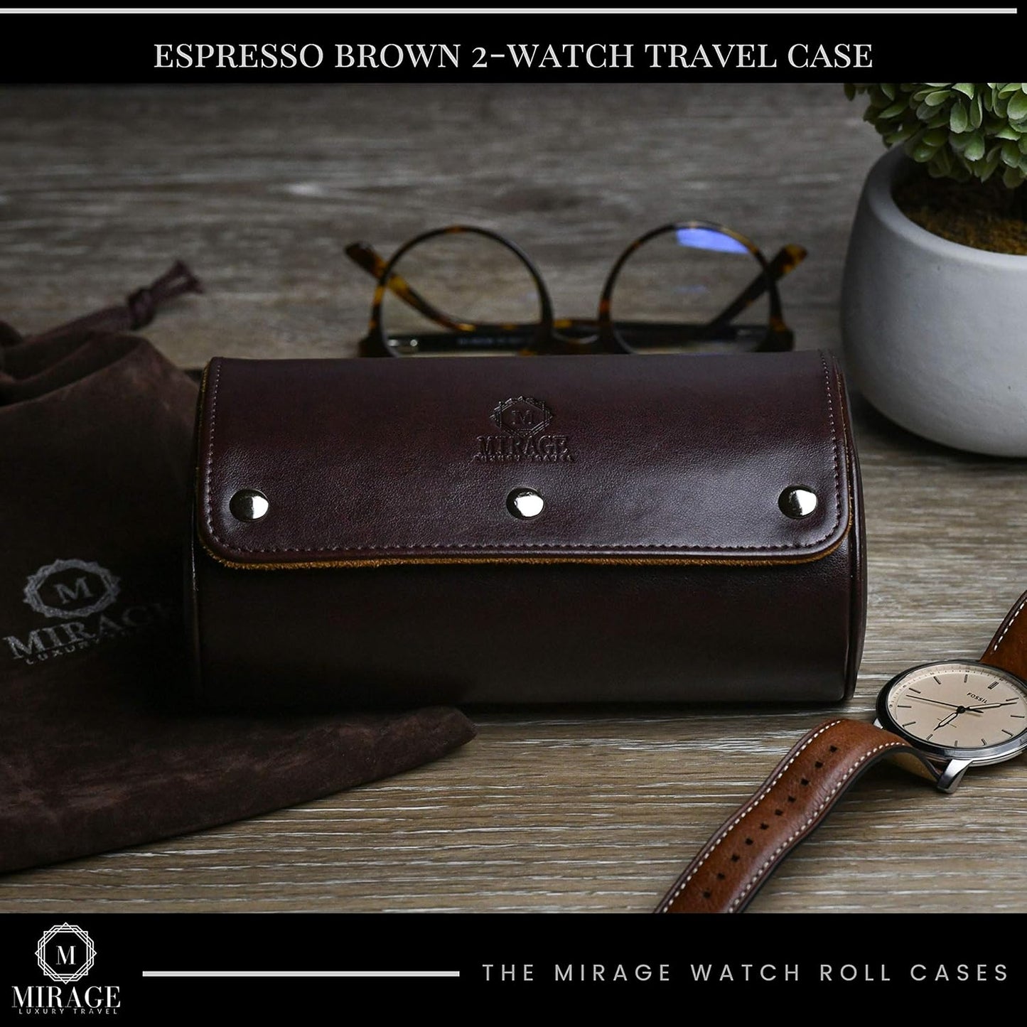 2 Watch Travel Case for Men Vegan Leather Watch Roll Case Organizer and Display - Elegant Gift - Espresso Brown Vegan Leather