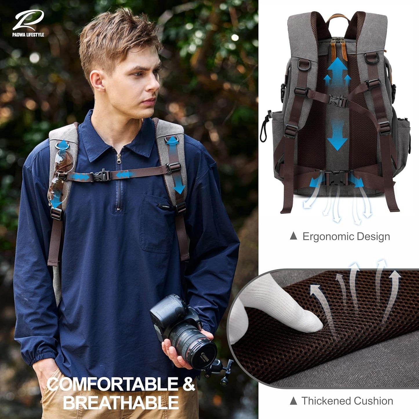 Padwa Lifestyle Gray Camera Backpack - Professional DSLR & UAV Camera Bag,Anti Theft Canvas Camera Backpack with Rain Cover,Large Capacity Photography Travel Camera Bag with Multi Compartments