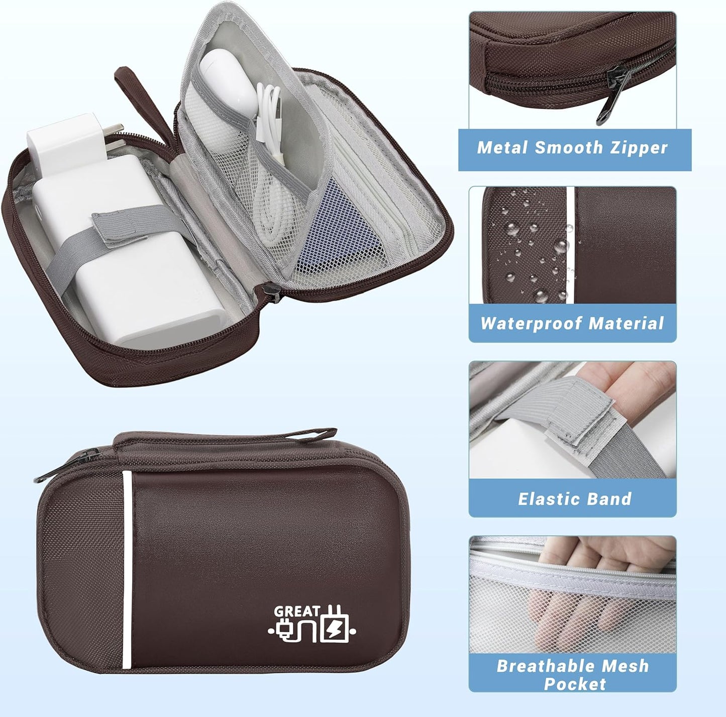 Electronics Organizer,Travel Cord Organizer Pouch, Portable Cable Organizer Bags, Waterproof Electronic Accessories Storage Case for Cables, Cords, Charger, Phone (Single Layer-Small-Brown)