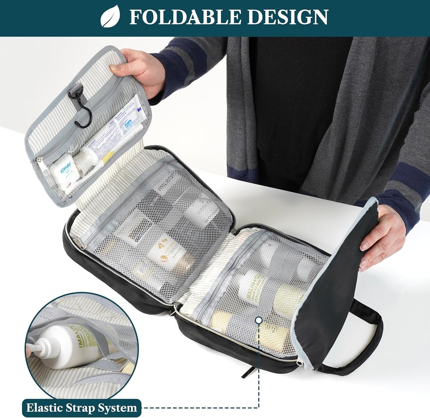 PAVILIA Hanging Toiletry Bag Travel Bag Women Men, Foldable Cosmetic Organizer, Roll up Makeup Bag, Water Resistant Accessories Toiletries, Large Travel Essentials Kit (Black Gold)