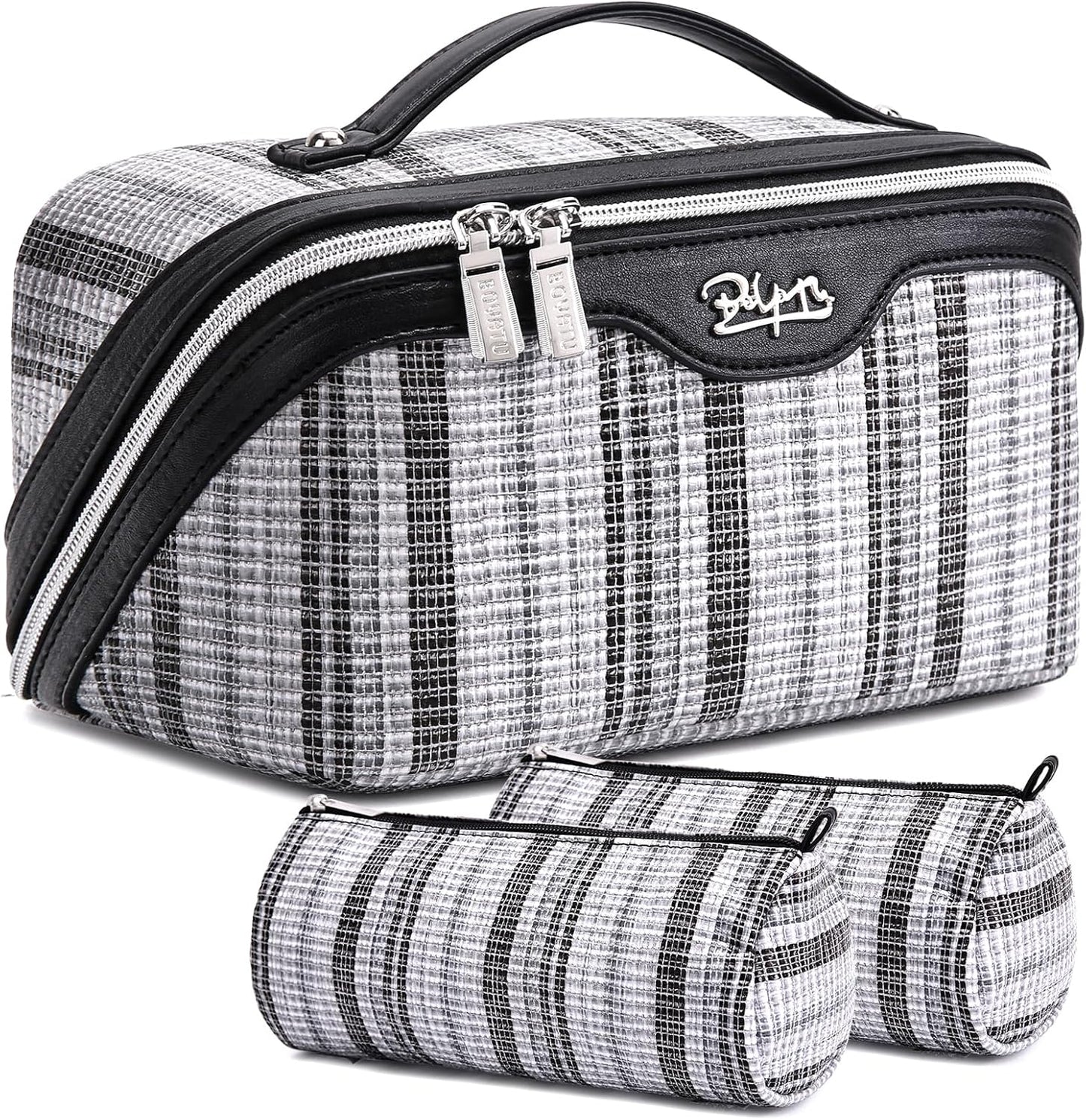 Travel Makeup Bag for Women: Large Capacity Open Flat Make up Bag Set of 3 - Vegan Leather Cosmetic Bag with Compartments - Waterproof Toiletry Bag with Handle & Divider(Black)