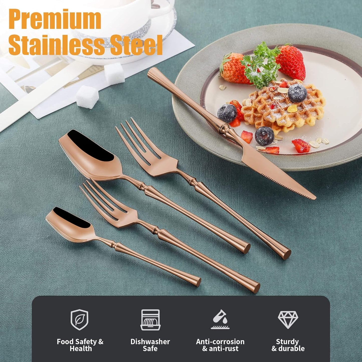 20-Piece Rose Gold Silverware Set for 4,Modern 18/10 Stainless Steel Flatware Set,Unique Rustic Cutlery Utensils Set,Spoon and Fork Set for Home, Restaurant,Mirror Polished,Dishwasher Safe
