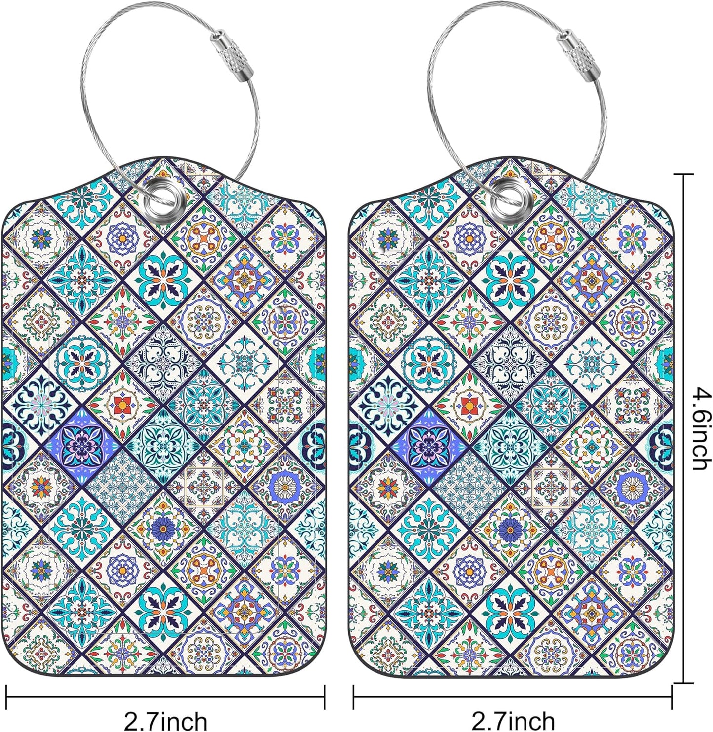 2 Pack Luggage Tags Colorful Moroccan Portuguese Tiles PU Leather Baggage Tag with Privacy Cover Stainless Steel Loop and Name ID Card for Men Women Travel Bag Luggage Accessories