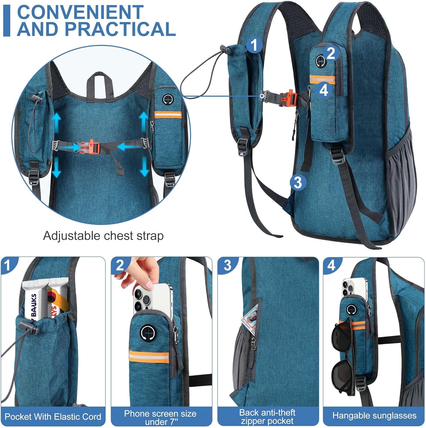 15L Small Hiking Backpack for Men Women Foldable Packable Back Pack Ultralight Hiking Daypack for Travel Camping Outdoor, Turquoise