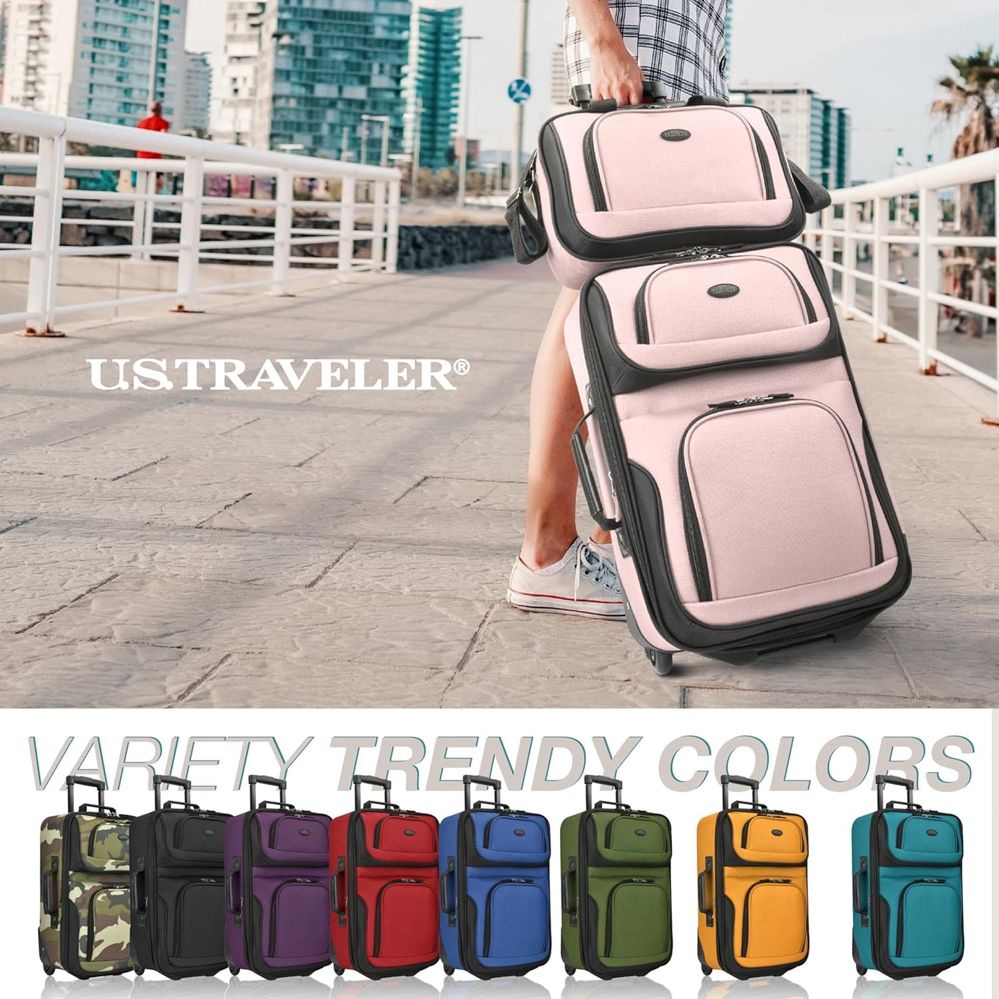 U.S. Traveler Rio Fabric Expandable Carry-on Luggage, Rolling Suitcase, Pink, 2 Wheel Set
