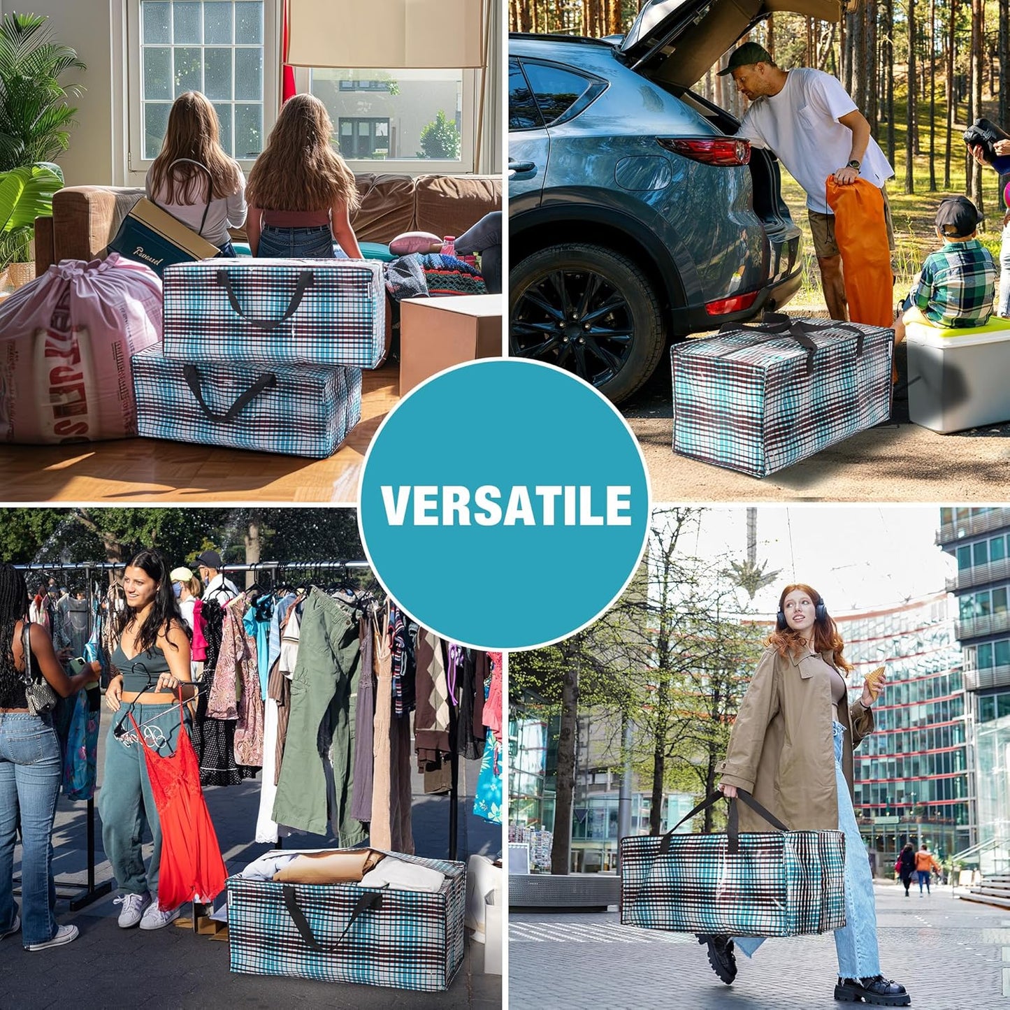 WORKPRO 6 Pack Extra Large Moving Bags with Zippers & Carrying Handles Backpack Straps, Heavy-Duty Storage Tote for Space Saving & Storage, Alternative to Moving Box (Lattice Printing)