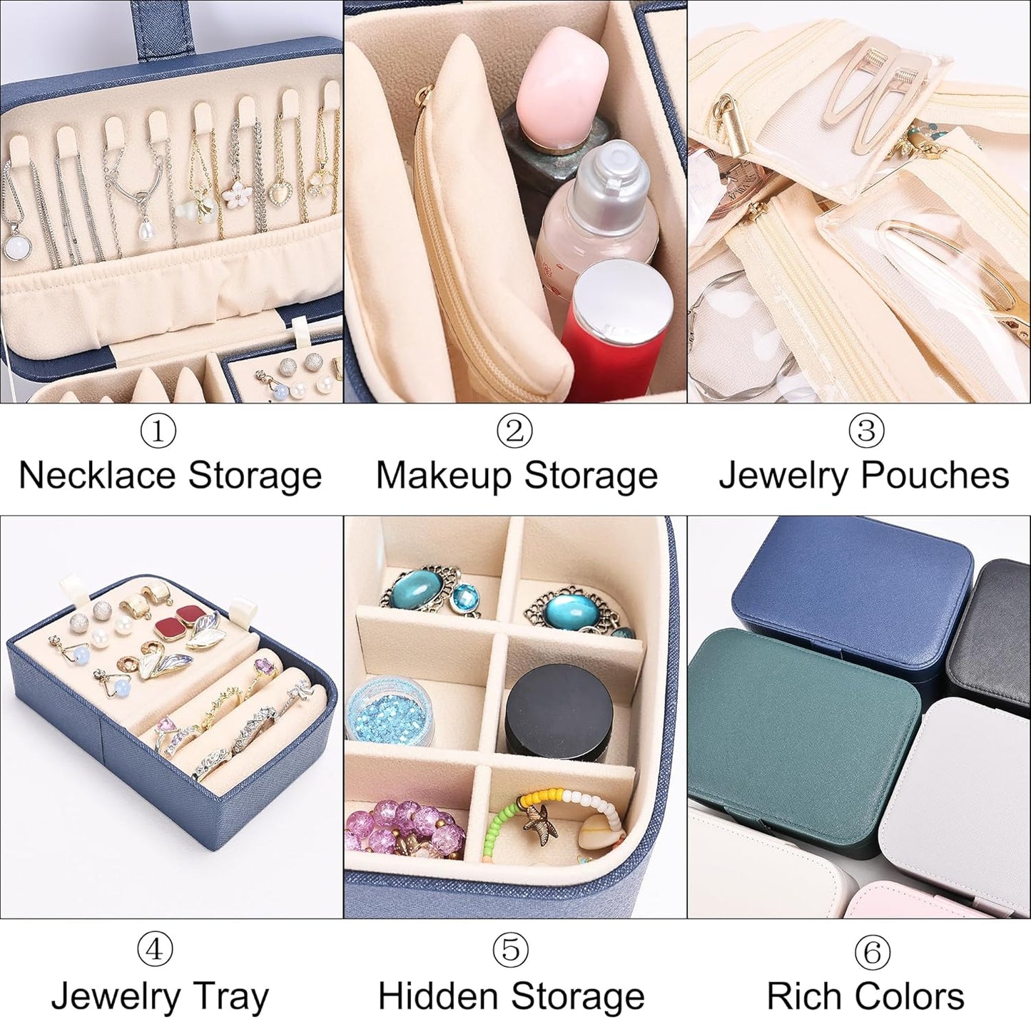 2 Layer Portable Jewelry Box, Large Jewelry Travel Case with 4 Velvet Jewelry Pouches, Medium Size Jewelry Organizer Box for Earrings, Necklaces, Bracelets (dark blue)