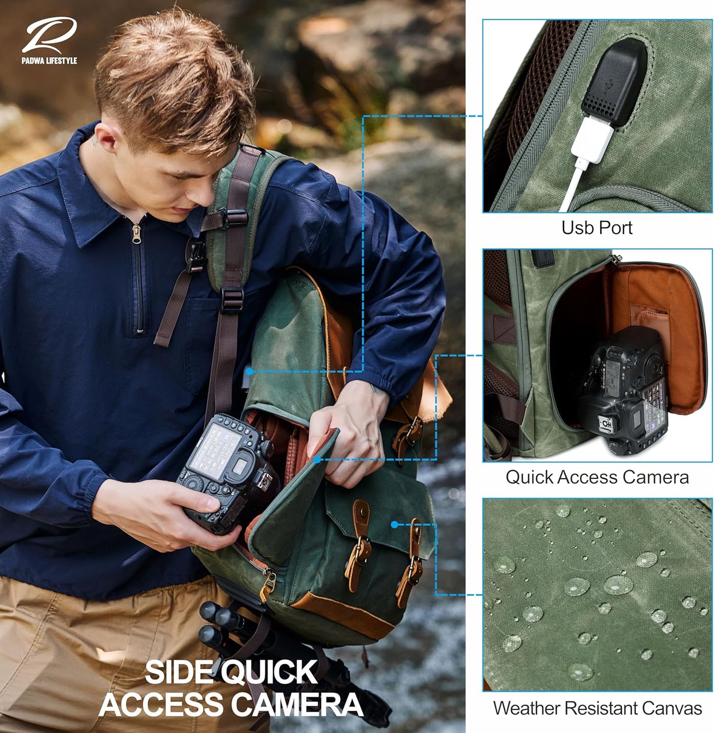 Padwa Lifestyle Green Camera Backpack - Waxed Memory Canvas Camera Bag, Multi DSLR SLR Large Camera Backpacks for Photographers with 16” Laptop & Lens Compartment and Tripod Holder & Weather Resistant