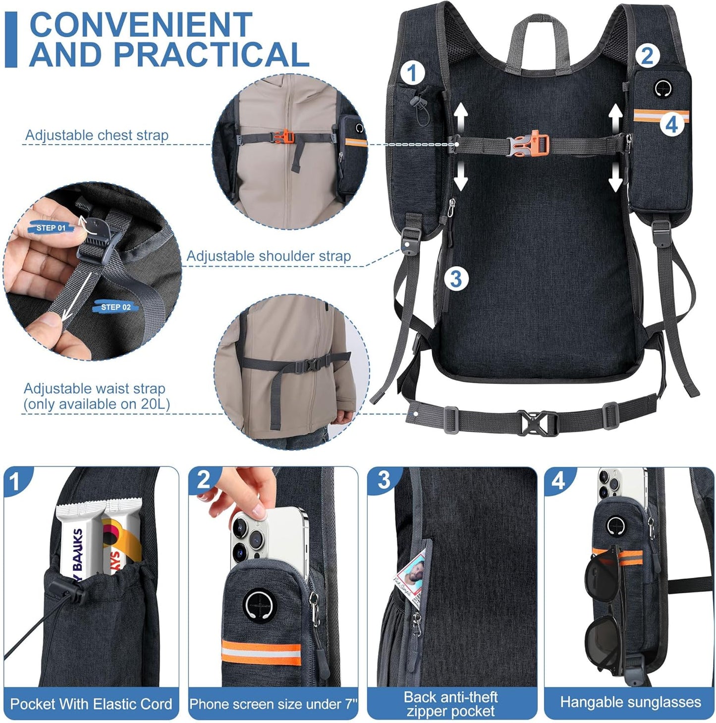 20L Small Hiking Backpack for Men Women Foldable Packable Back Pack Ultralight Hiking Daypack for Travel Camping Outdoor, Black