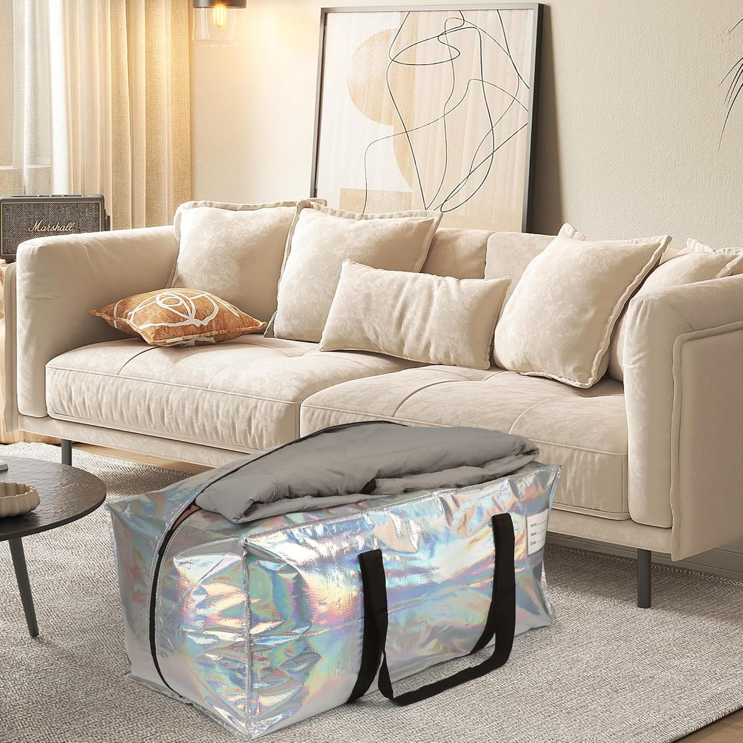 2 Pack Heavy Duty Moving Bags Extra Large Waterproof Foldable Clothing Storage Totes Bags with Zipper, Reinforced Handles, Packing Moving Boxes for Dorm & Seasonal Storage, Iridescent