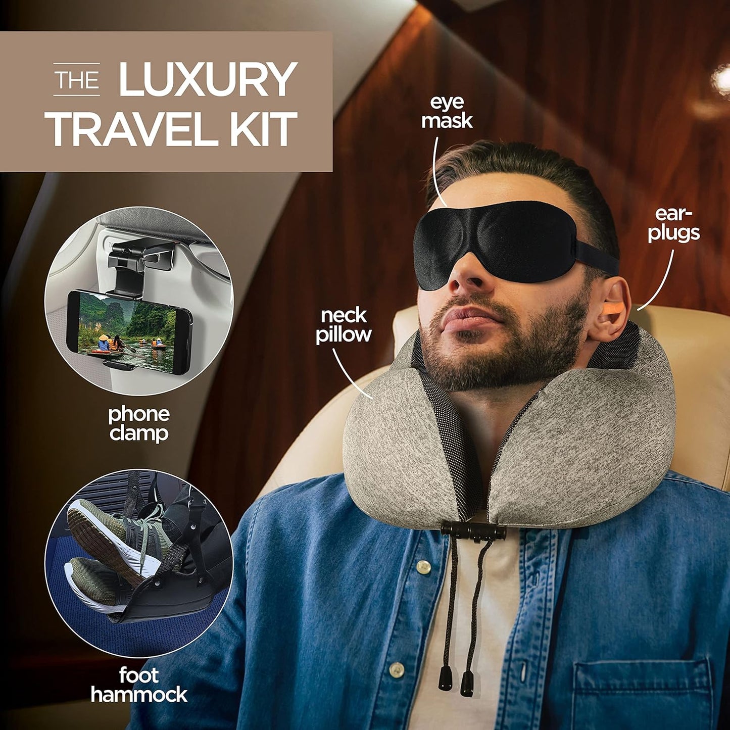 Airplane Neck Pillow Includes Travel Pillow + Airplane Phone Holder Mount + Eye Masks + Foot Hammock + Earplugs for Travel, 100% Pure Memory Foam Travel Pillow, 5 Pc Travel Kit, 2 Pack