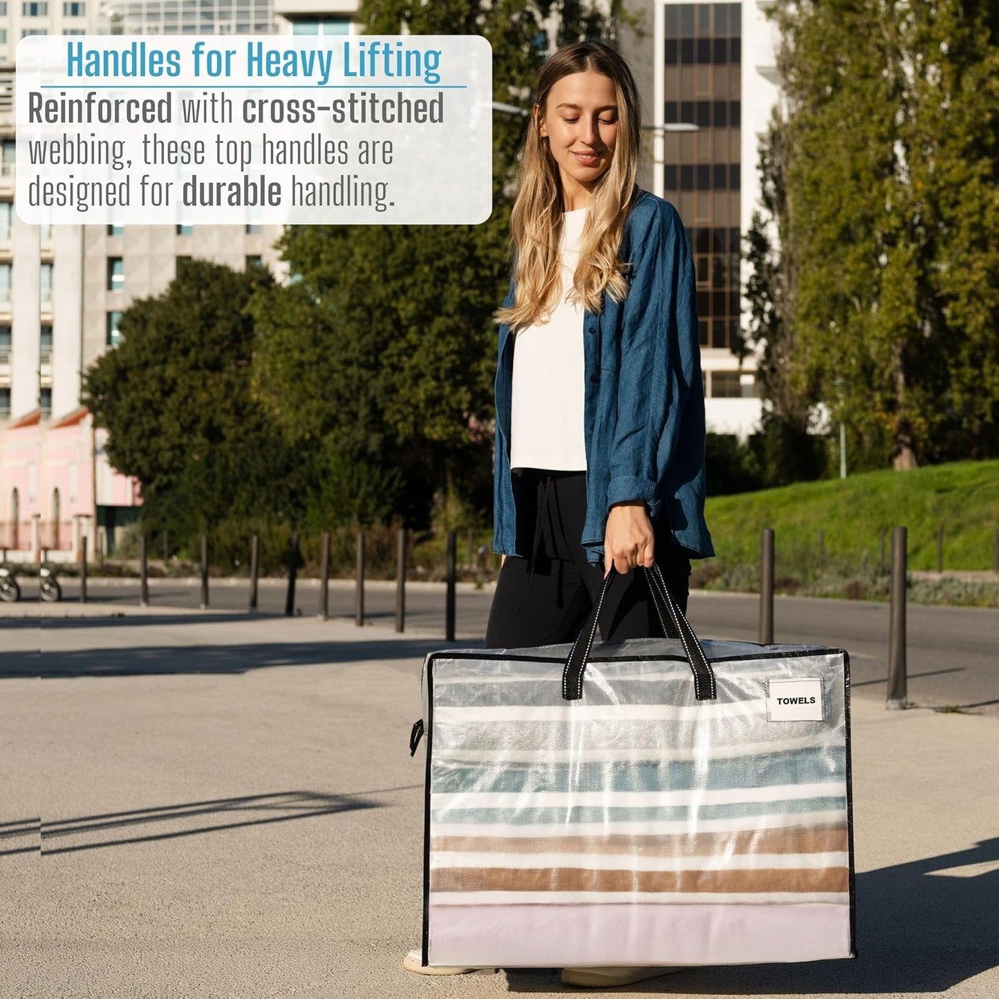 VENO 4 Pack Heavy Duty Moving Bags, Storage Bags, Packing Supplies, Top Zipper, Storage Totes for Camping, Clothes, Bedding, Comforters, Pillows (27 Gallon Clear, 4 Pack)