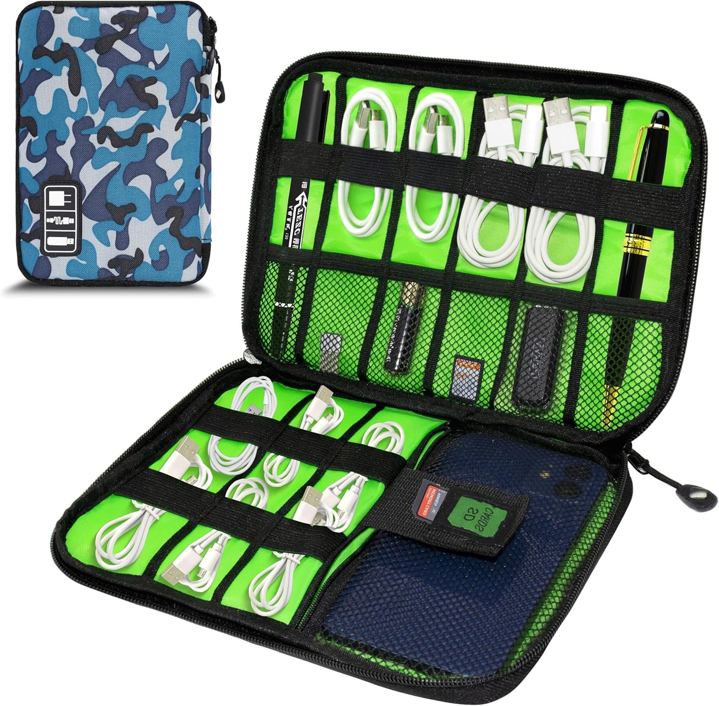Electronics Organizer, Portable Cable Organizer Bags, Travel Electronic Accessories Storage Case for Cables, Cords, Charger, Phone (Camo Blue)