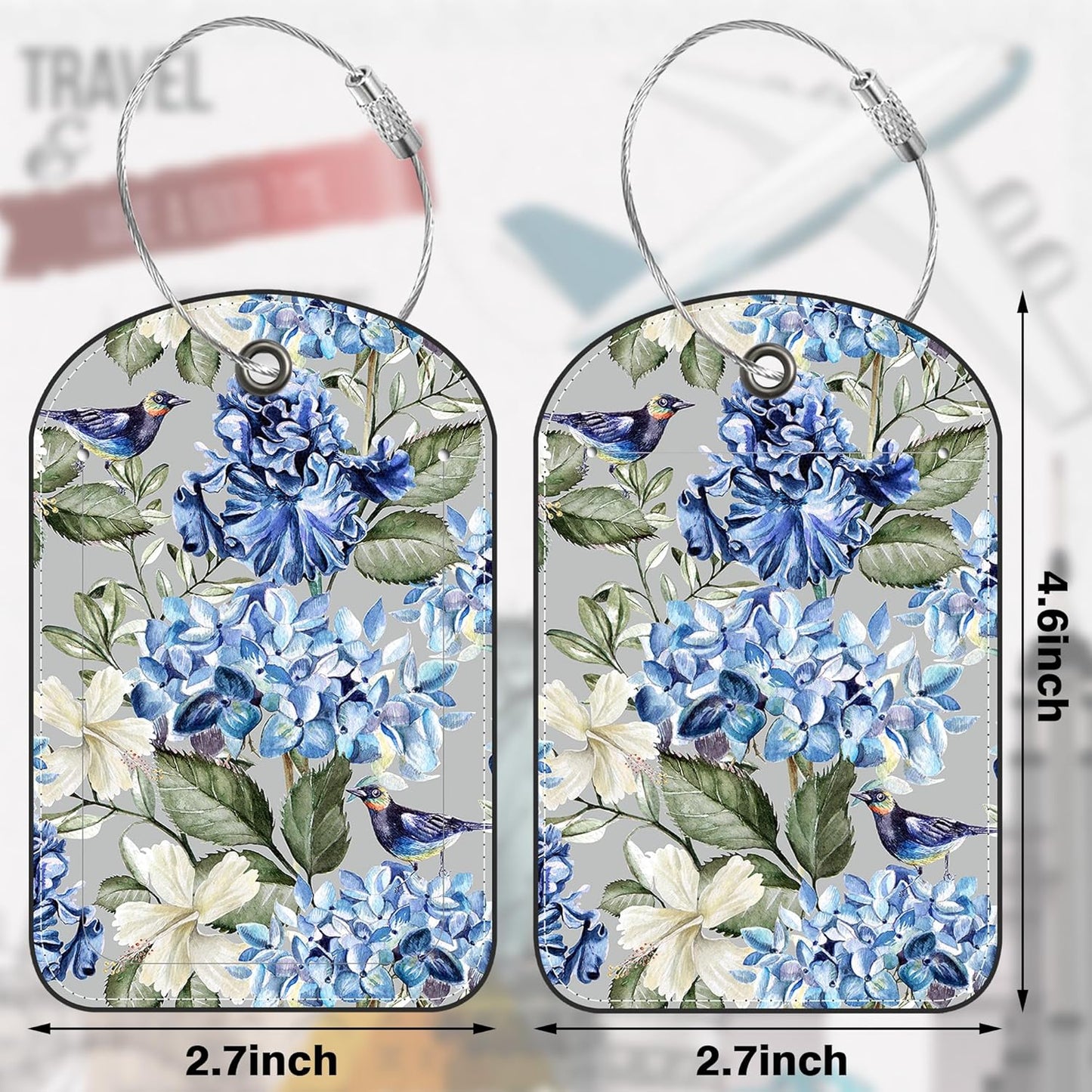 2 PCS Leather Luggage Tags for Suitcase Hibiscus Flowers Bird Travel Luggage Tag with Privacy Flap Name ID Label and Metal Loop for Travel Bag Suitcase