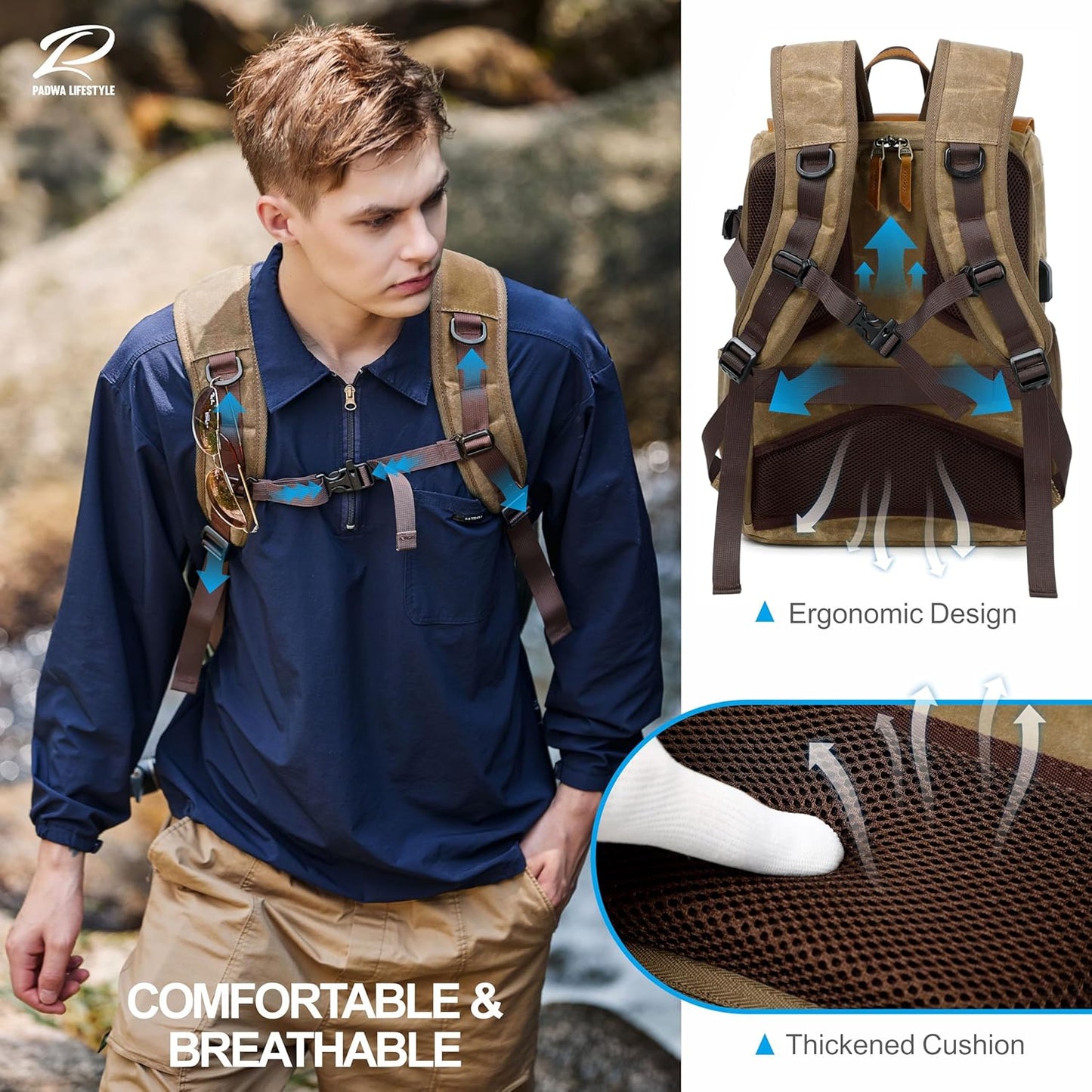 Padwa Lifestyle Khaki Camera Backpack - Waxed Memory Weather Resistant Canvas Camera Bag, Multi DSLR SLR Large Camera Backpacks for Photographers with 16” Laptop & Lens Compartment and Tripod Holder