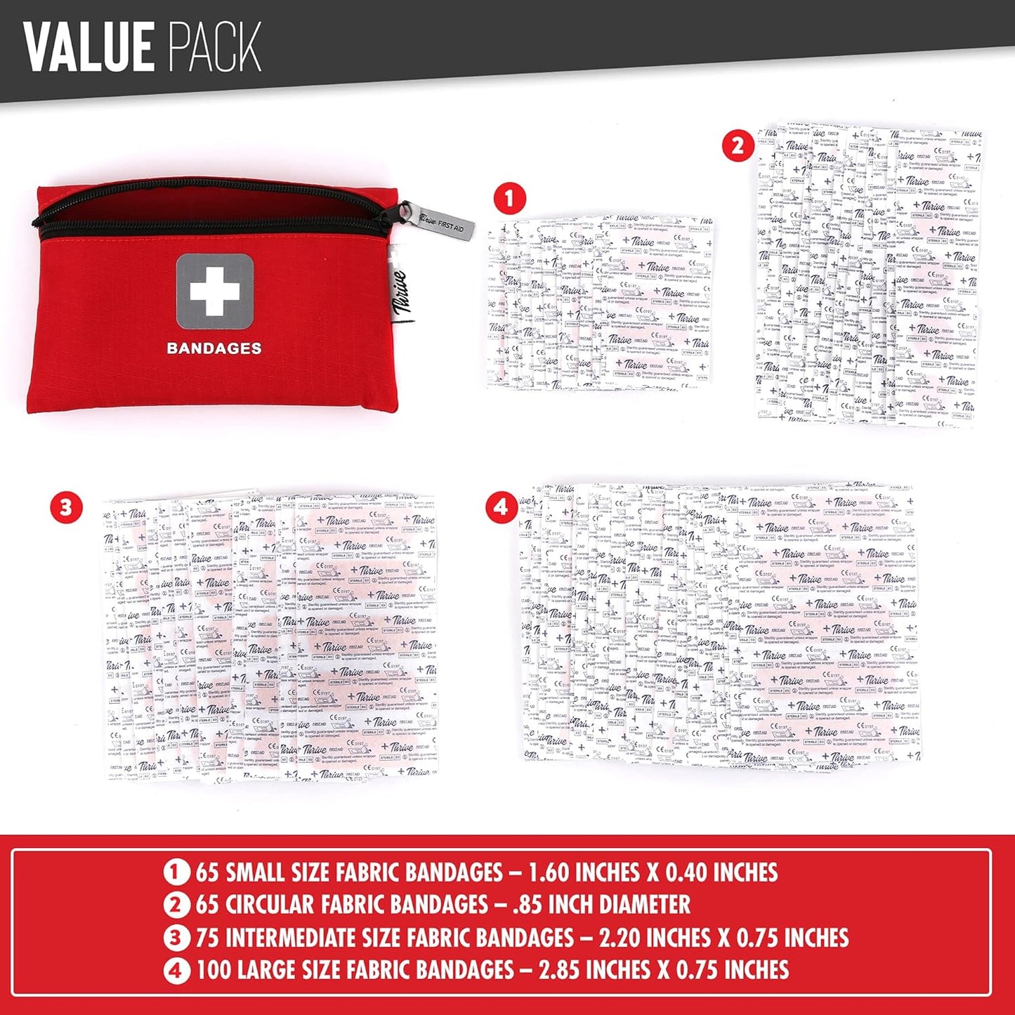 Thrive Bulk Bandages Variety Pack - 305 Count, Red - Travel Fabric & Waterproof Adhesive Bandages & Band Aids with Zipper Pouch
