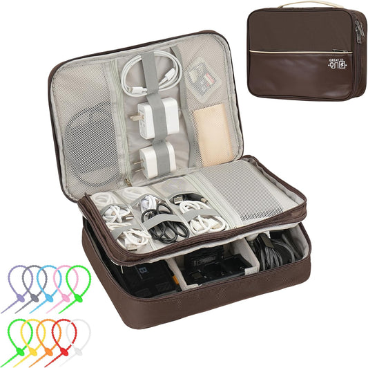 Electronics Accessories Organizer Bag, Waterproof Double LayerTravel Cable Organizer Case for Cords, Charger, Power Bank,Hard Drive, Mouse -Shockproof Tech Storage Pouch (Classic-two layers-Brown)