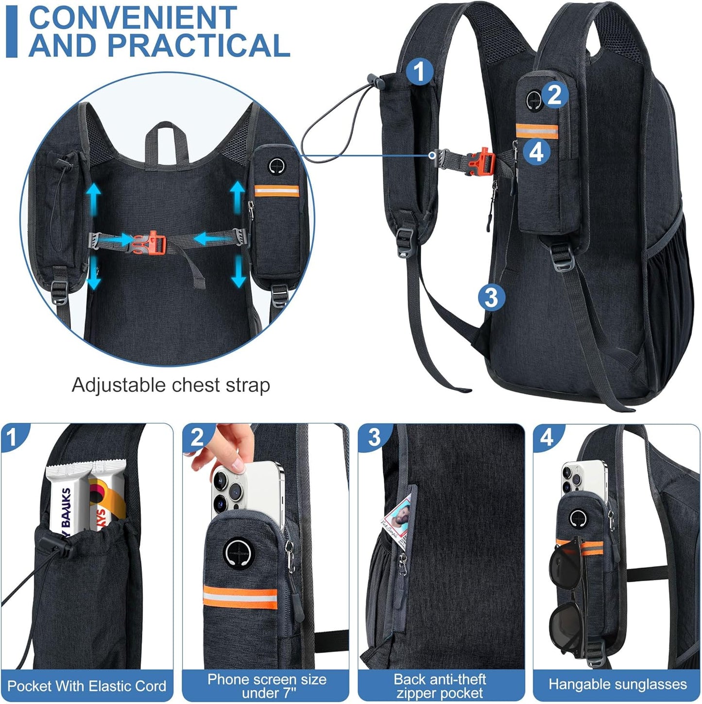 15L Small Hiking Backpack for Men Women Foldable Packable Back Pack Ultralight Hiking Daypack for Travel Camping Outdoor, Black