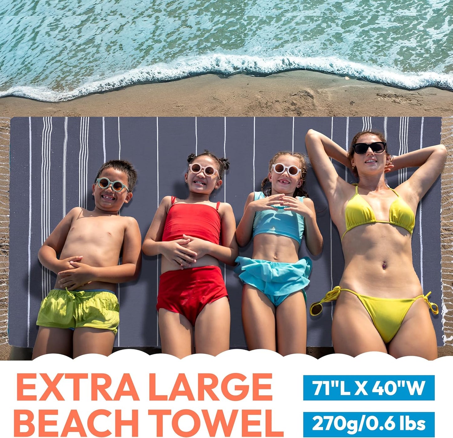 Oversized Sand Resistant Prewashed Turkish Cotton Quick Drying, Compact, Lightweight Beach, Bath, Pool, Gym, Yoga Towel - 40x71