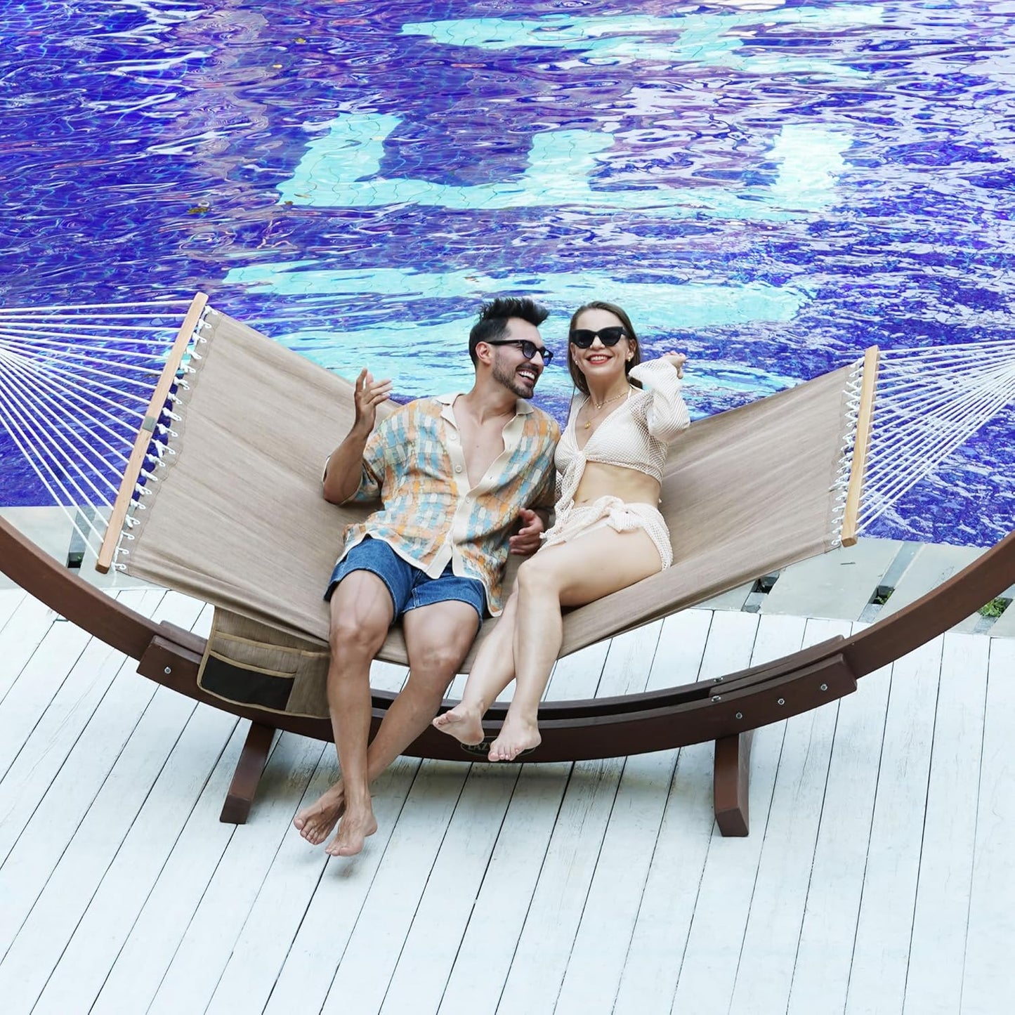 Lazy Daze Hammocks 11 FT Double Outside Hammock Quick Dry Olefin Fabric Hammock with Spreader Bar & Side Pocket for Outdoor Poolside Backyard 450 lbs Capacity, Khaki