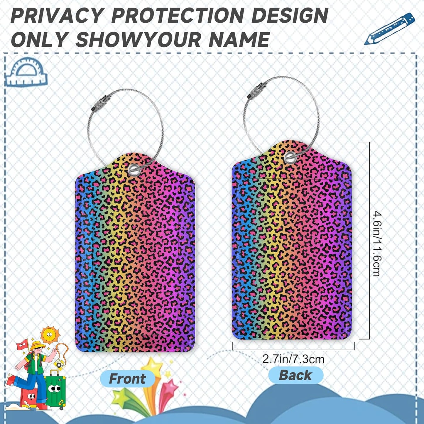 2 Pack Leather Luggage Tag for Suitcase Neon Rainbow Colored Leopard Print Unique Travel Tags with Privacy Cover ID Label & Stainless Steel Loop for Men and Women Baggage