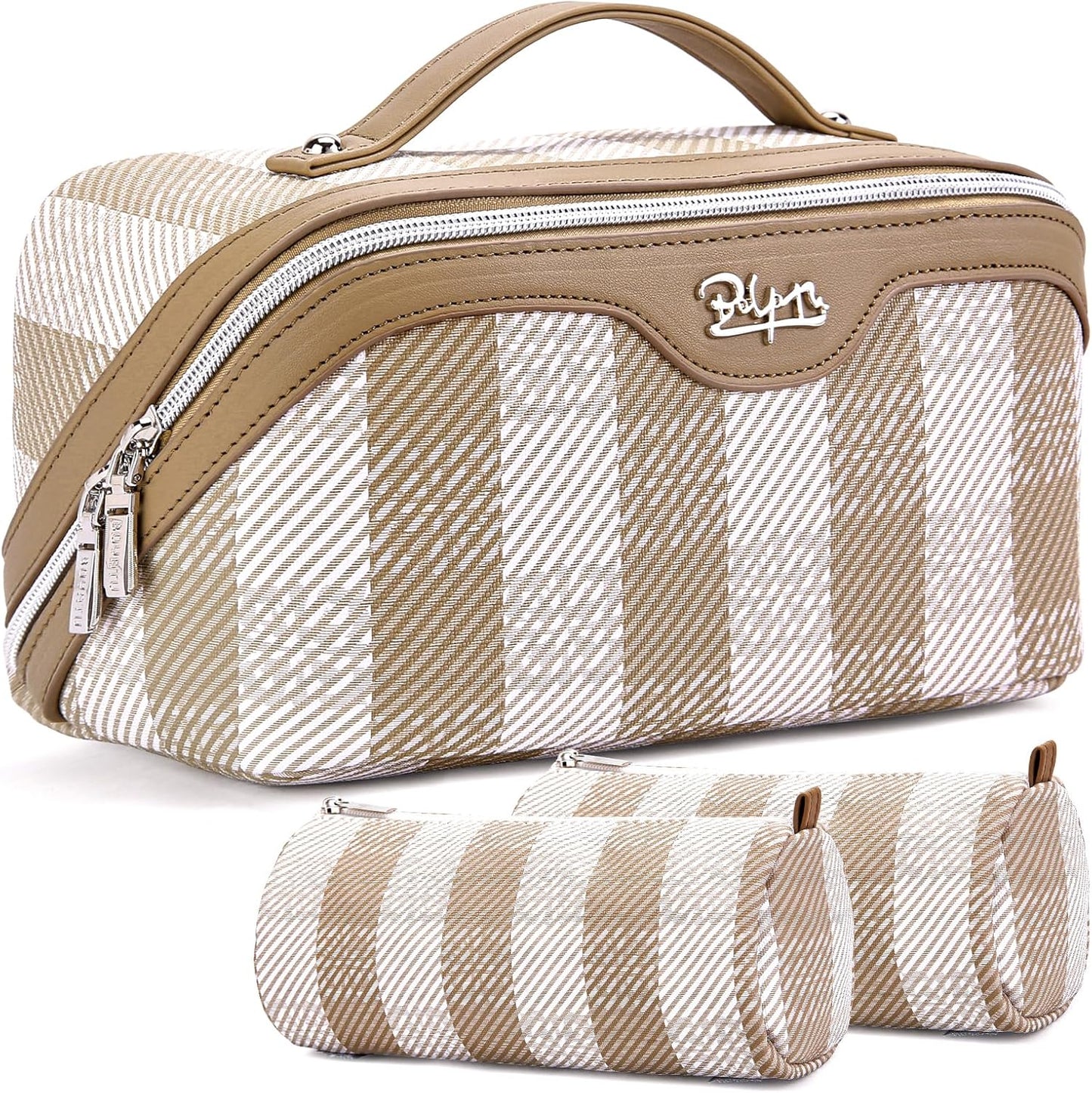 BOYATU Makeup Bag Travel Cosmetic Bag: 3 Pcs Set Portable Make up Bags for Women with Handle - Waterproof Vegan Leather Toiletry Organizer Bags with Comparments (F-04-Brown)