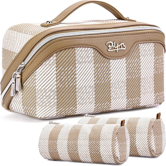 BOYATU Makeup Bag Travel Cosmetic Bag: 3 Pcs Set Portable Make up Bags for Women with Handle - Waterproof Vegan Leather Toiletry Organizer Bags with Comparments (F-04-Brown)