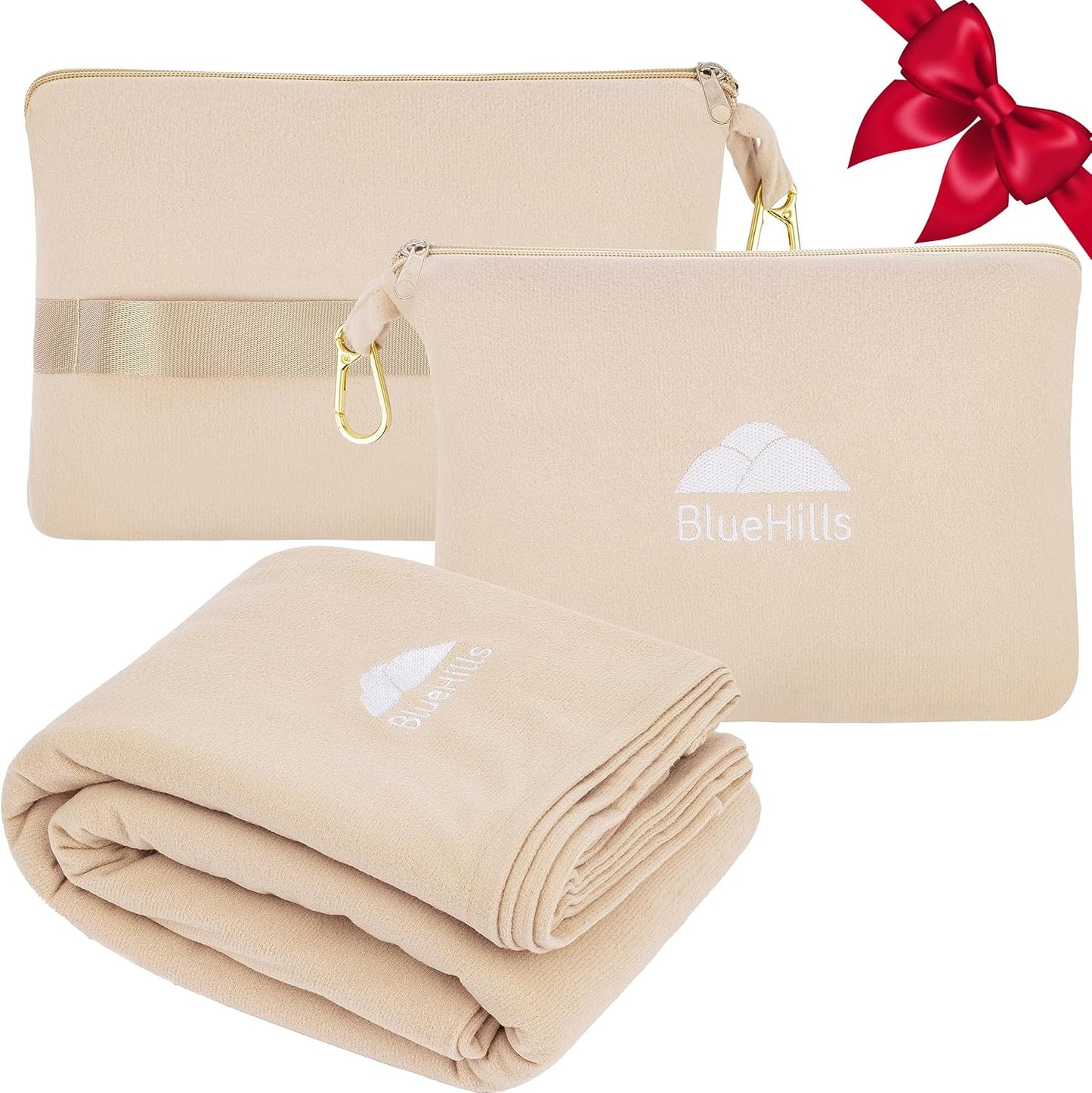 BlueHills Travel Blanket Pillow Compact Lightweight Pocket Size Airplane Traveling Essential Flight Trip Throw in Bag Portable Case Plane Accessory Beige L06