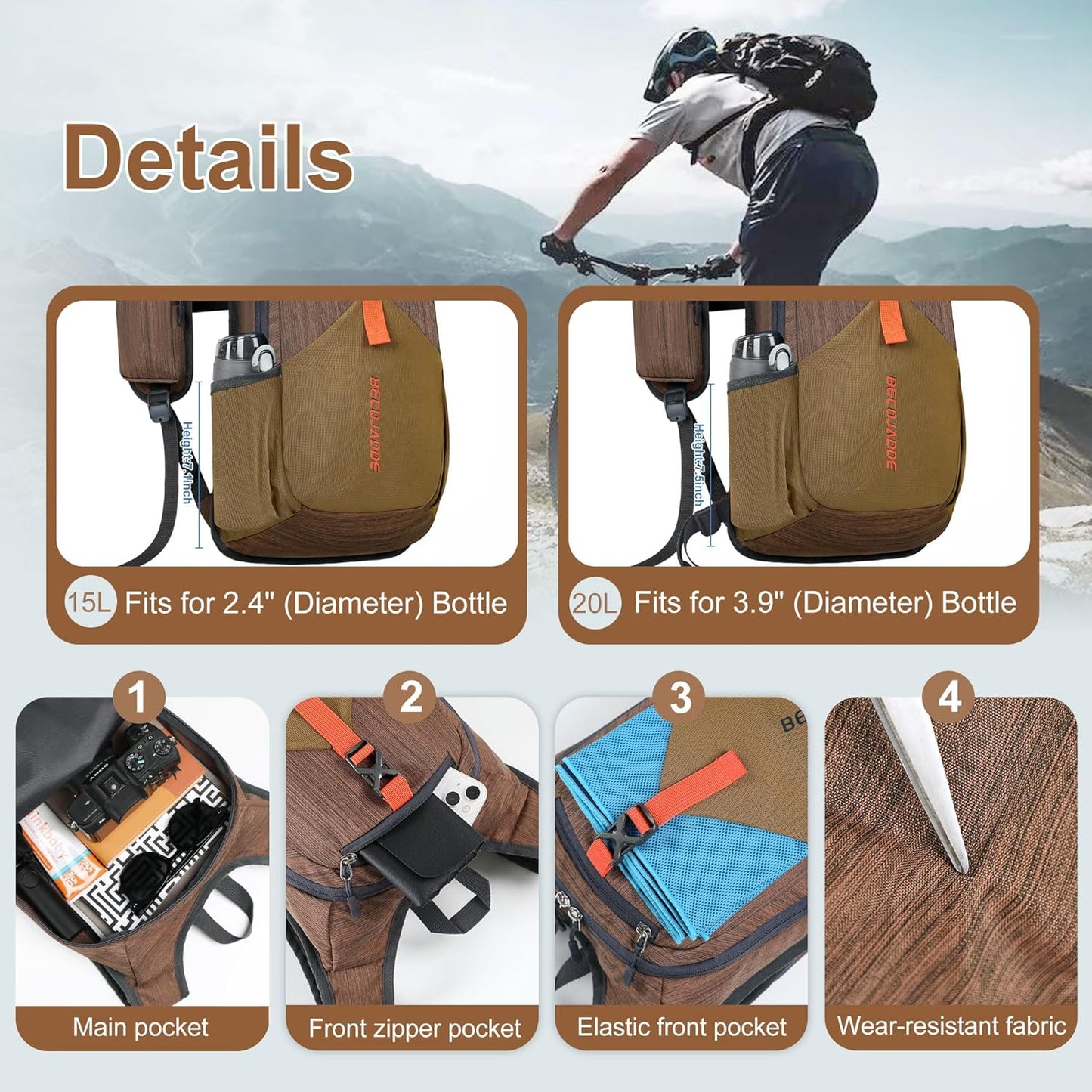 15L Small Hiking Backpack for Men Women Foldable Packable Back Pack Ultralight Hiking Daypack for Travel Camping Outdoor, Chocolate Brown