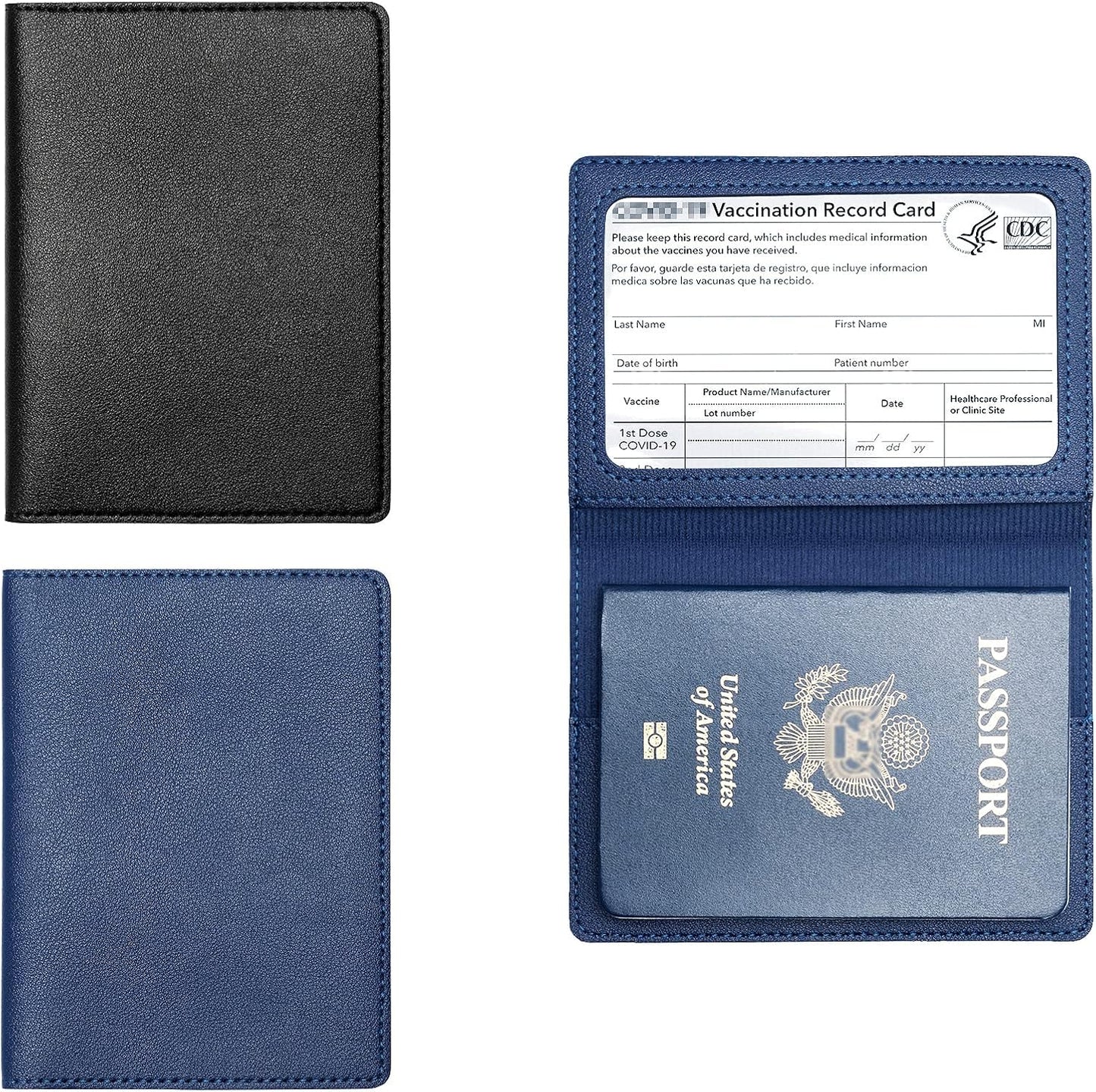 2 Pack Passport and Vaccine Card Holder PU Leather Passport Wallet Vaccine Case Protector Slot Travel Passport Wallet for Women & Men (D-Black&Blue)